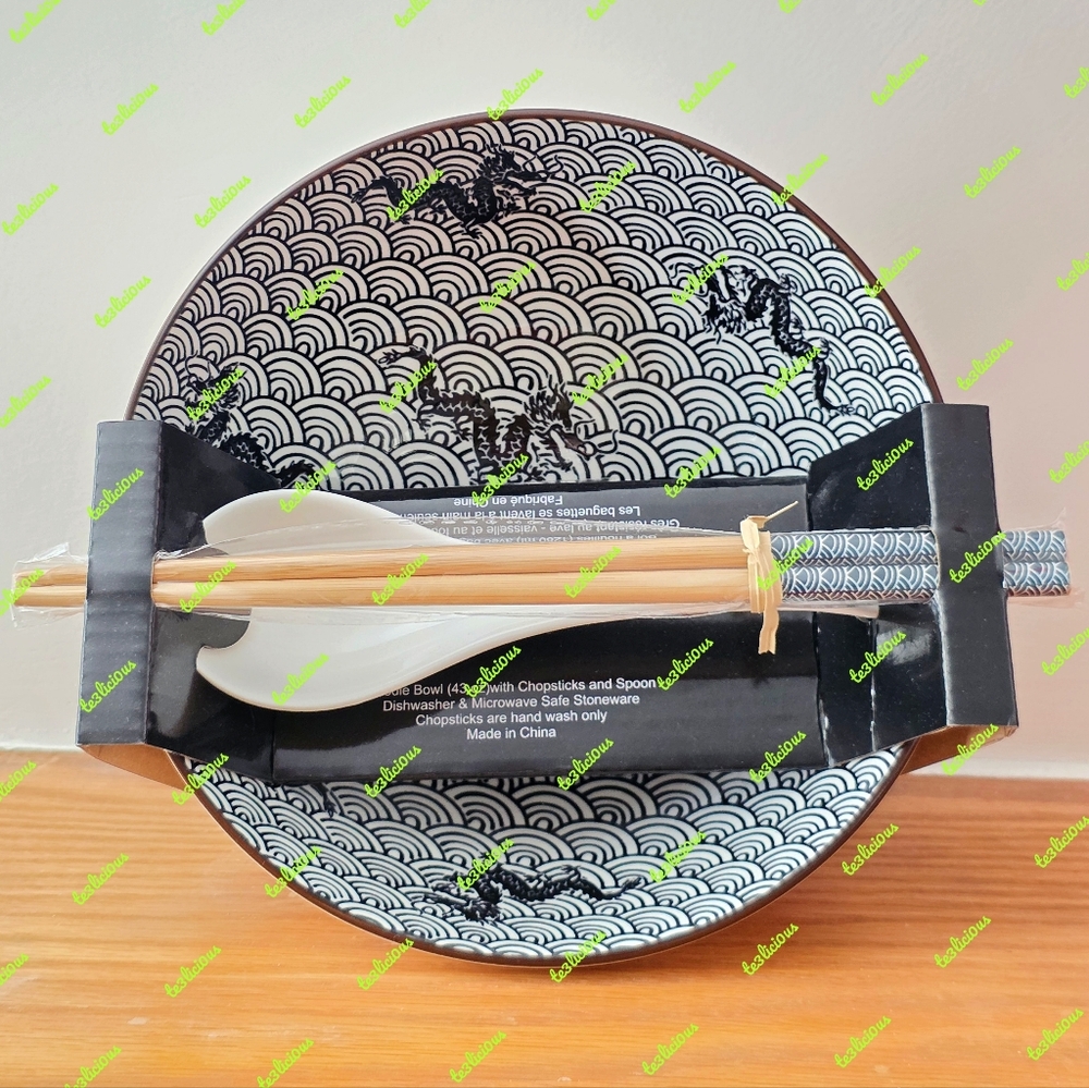 SH HOME DRAGON SEIGAIHA WAVES CERAMIC RAMEN BOWL SPOON CHOPSTICK SET
